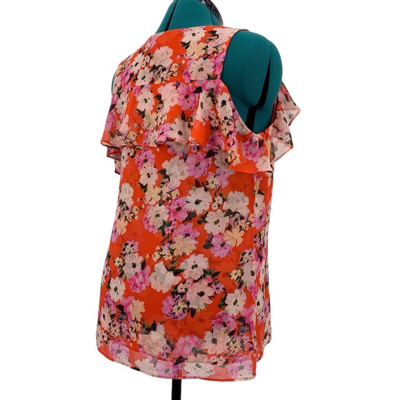 Cabi Lush Blouse # 5352, Hibiscus Floral Cold Shoulder Layered Blouse, Medium - Picture 8 of 17